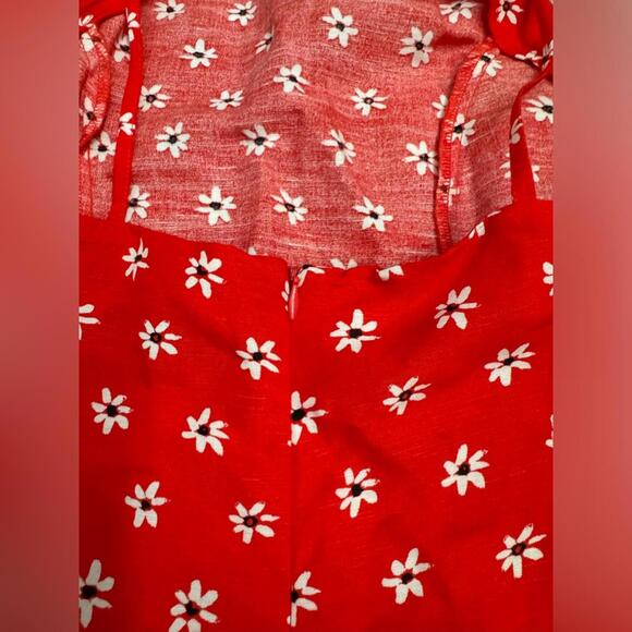 Zara Red & White Floral Daisy Linen Blend High Neck Mini Dress- Size Medium - Picture 8 of 8